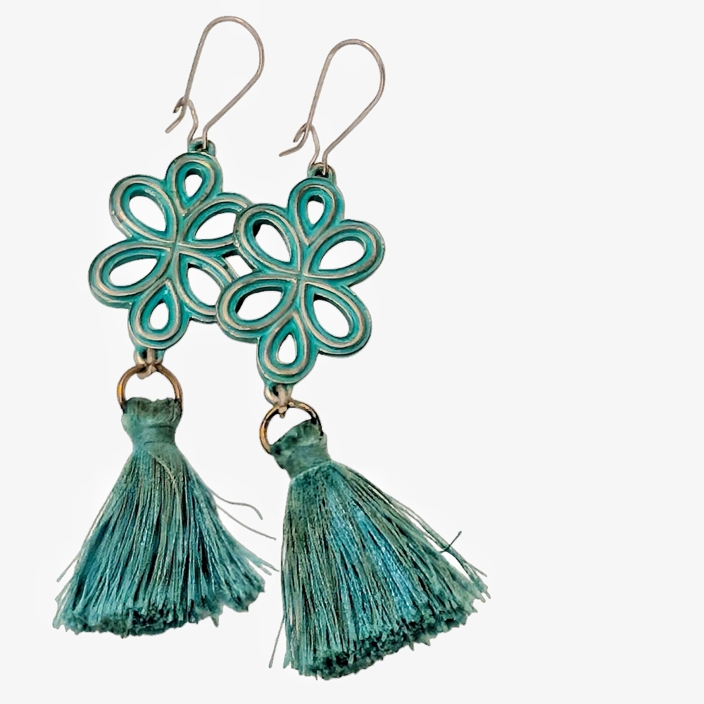 VINTAGE Tassel Statement Earrings Turquoise Blue Boho Dangle Swirl Floral 3.5”